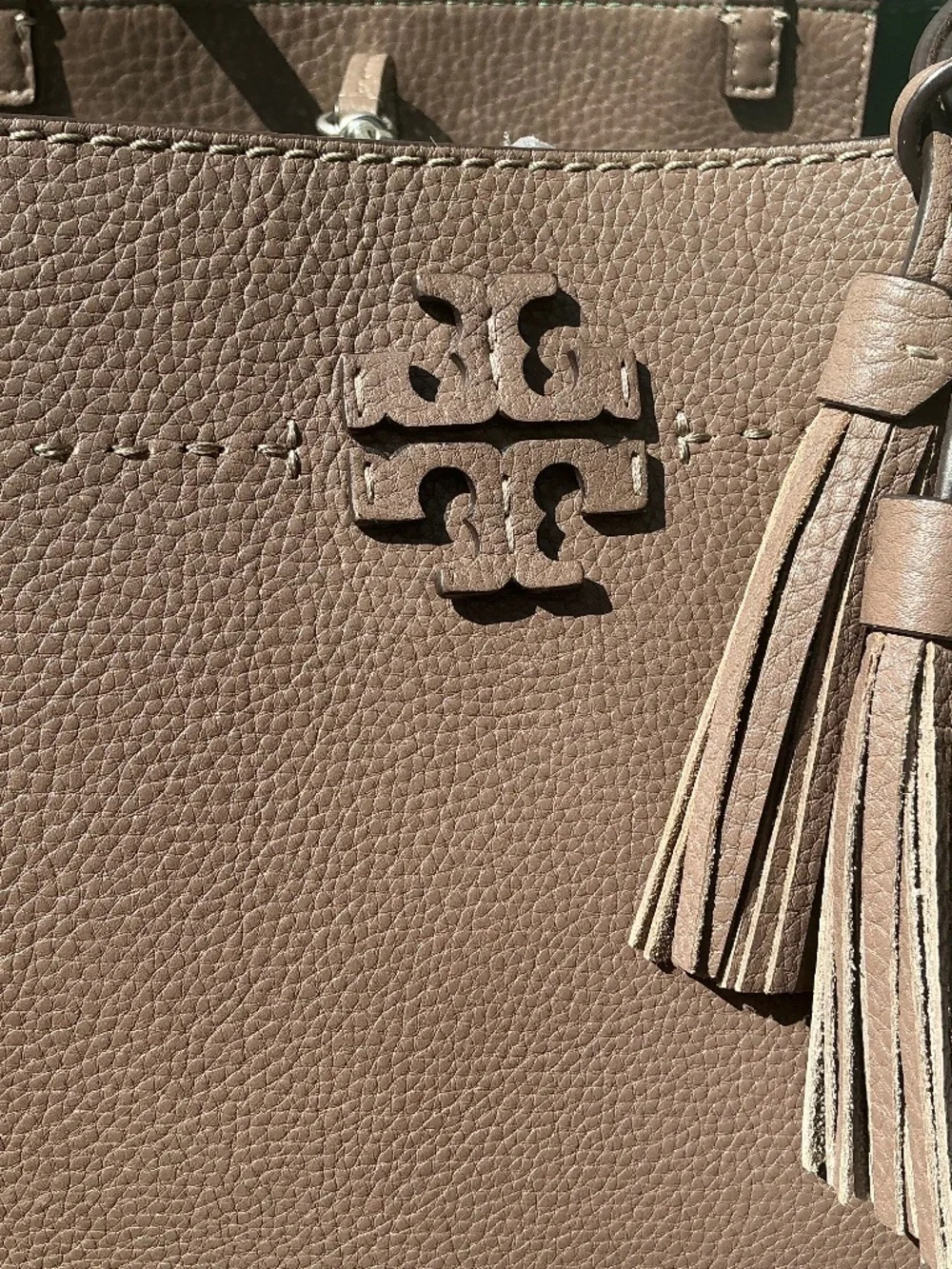 Tory Burch McGraw Tote Mushroom Taupe Leather Removable Tassel Leather Logo